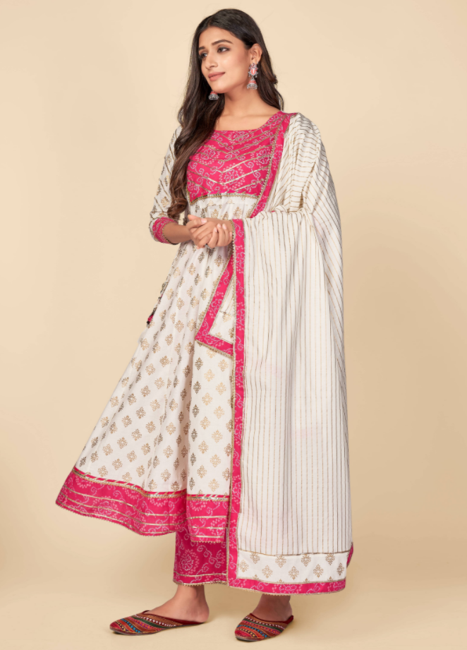 Women's Pink & White Anarkali Kurta & Pant With Dupatta Set - (3Pcs Set)