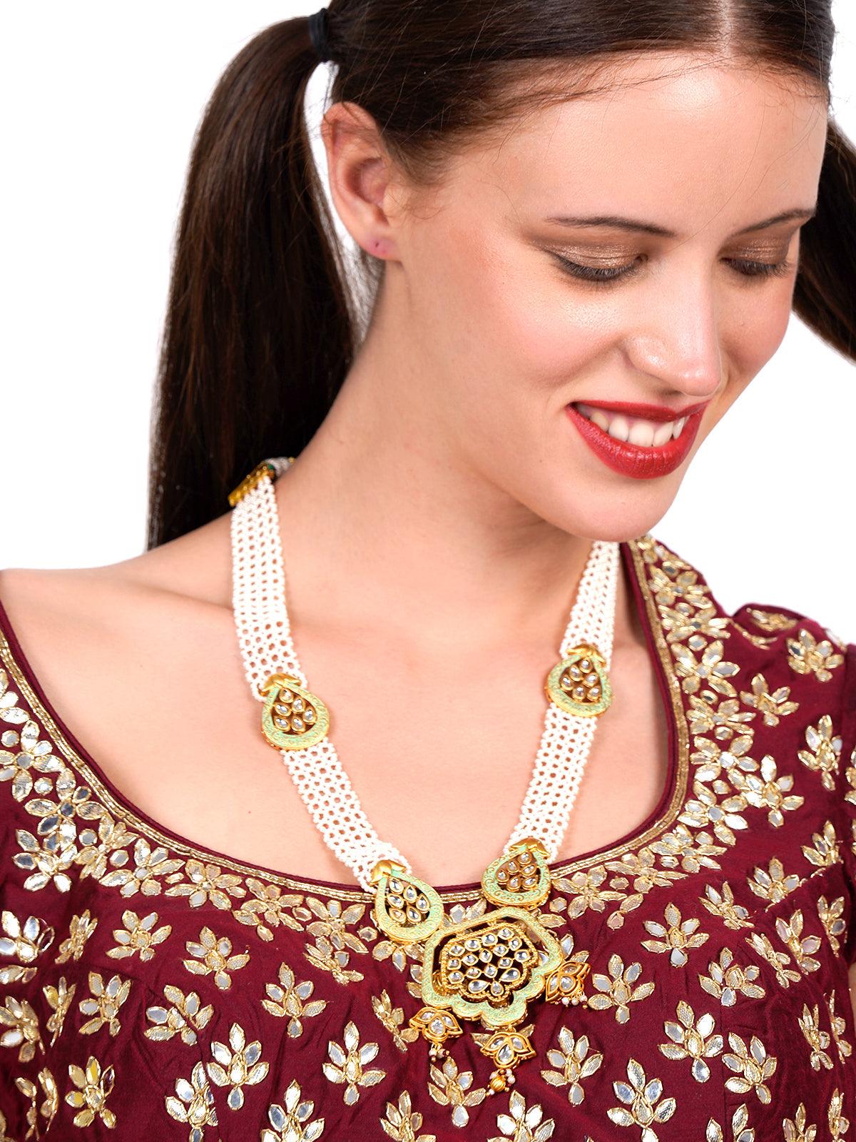 Women's Lovely Classical Semiprecious Kundan &Amp; Pearl Green Necklace With Earrings! - Odette