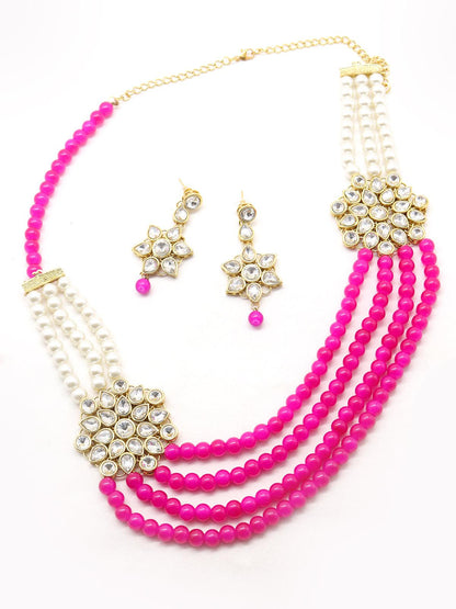 Women's Magenta Pink And Regular Faux Pearl Necklace With Earrings! - Odette