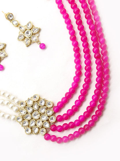 Women's Magenta Pink And Regular Faux Pearl Necklace With Earrings! - Odette