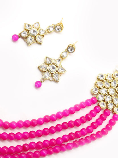 Women's Magenta Pink And Regular Faux Pearl Necklace With Earrings! - Odette