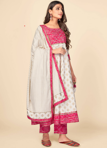 Women's Pink & White Anarkali Kurta & Pant With Dupatta Set - (3Pcs Set)