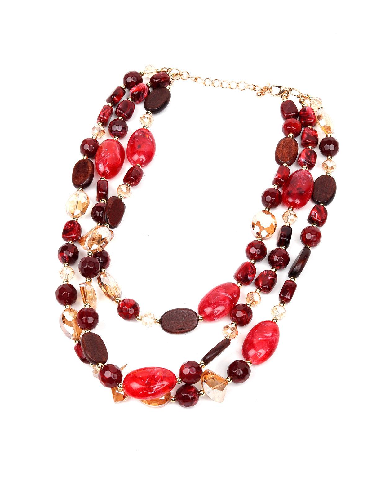 Women's Multi-Layered Red Stone Embellished Statement Necklace - Odette