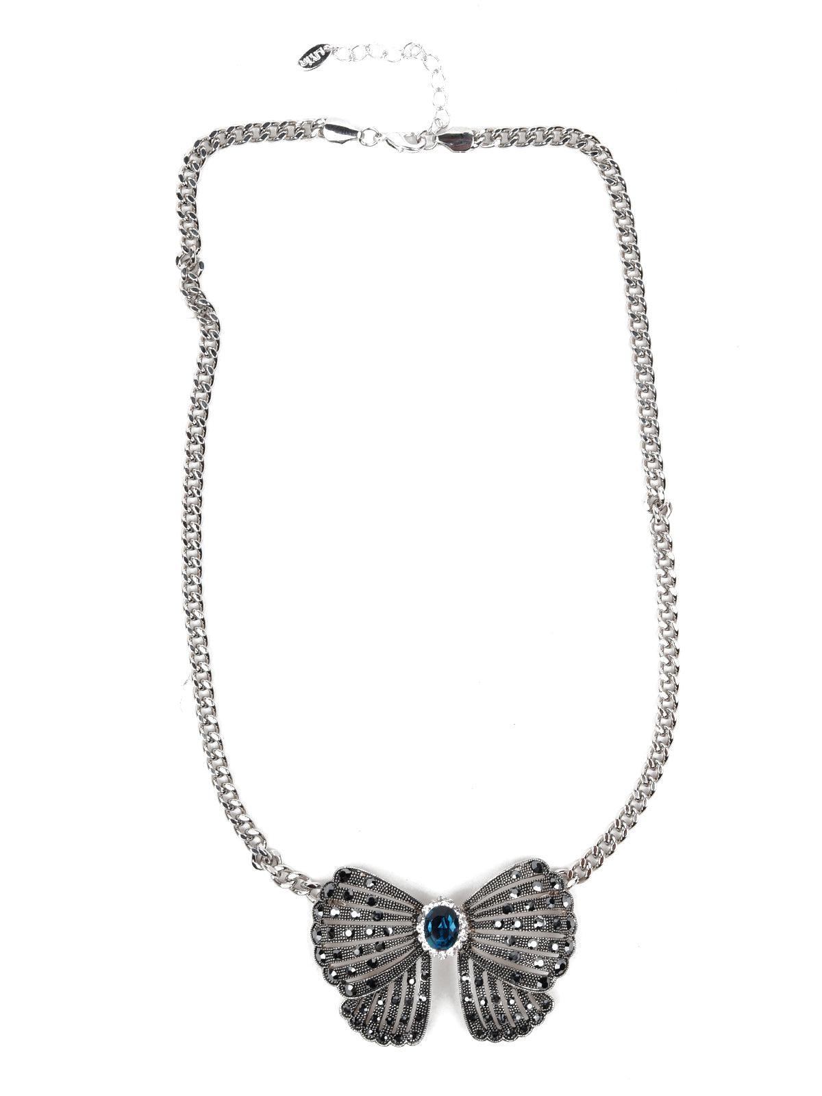 Women's Oxidised Silver-Studded Beautiful Bow Necklace - Odette