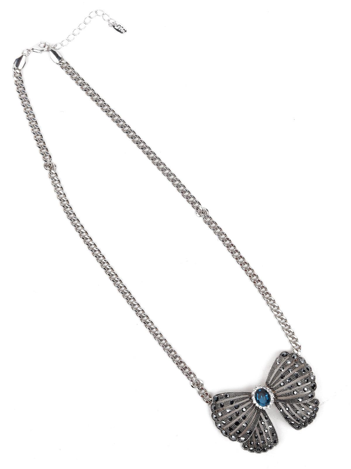 Women's Oxidised Silver-Studded Beautiful Bow Necklace - Odette