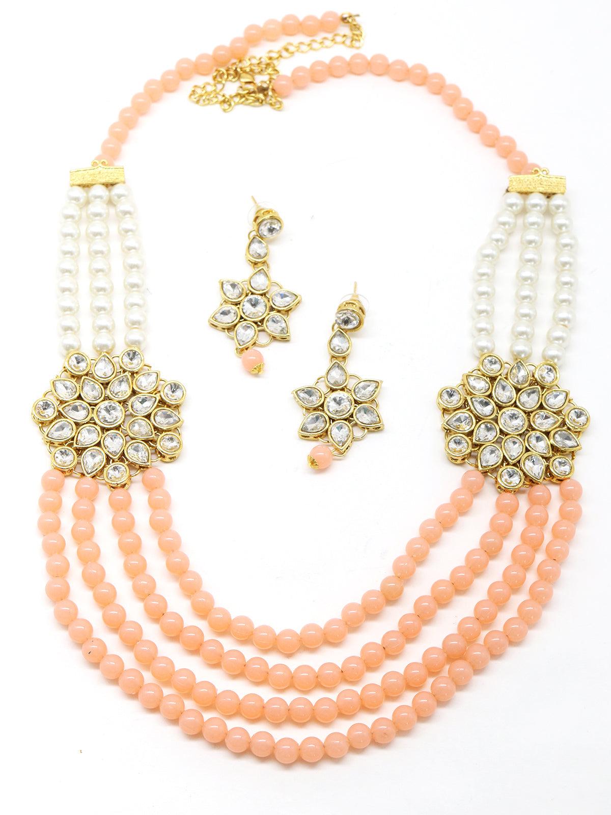 Women's Peach And Regular Faux Pearl Necklace With Earrings - Odette