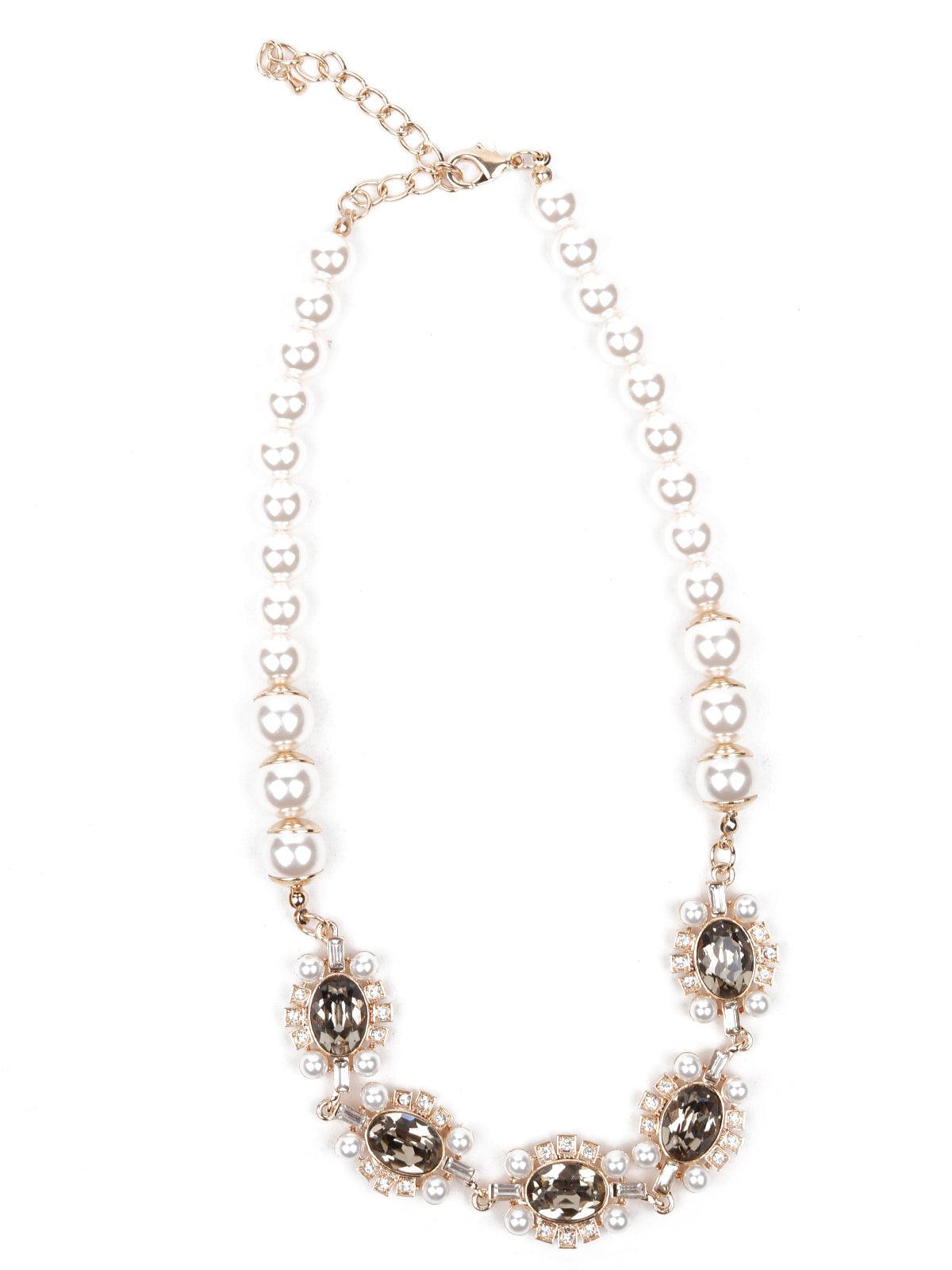 Women's Pearl Necklace Embellished With Crystals - Odette