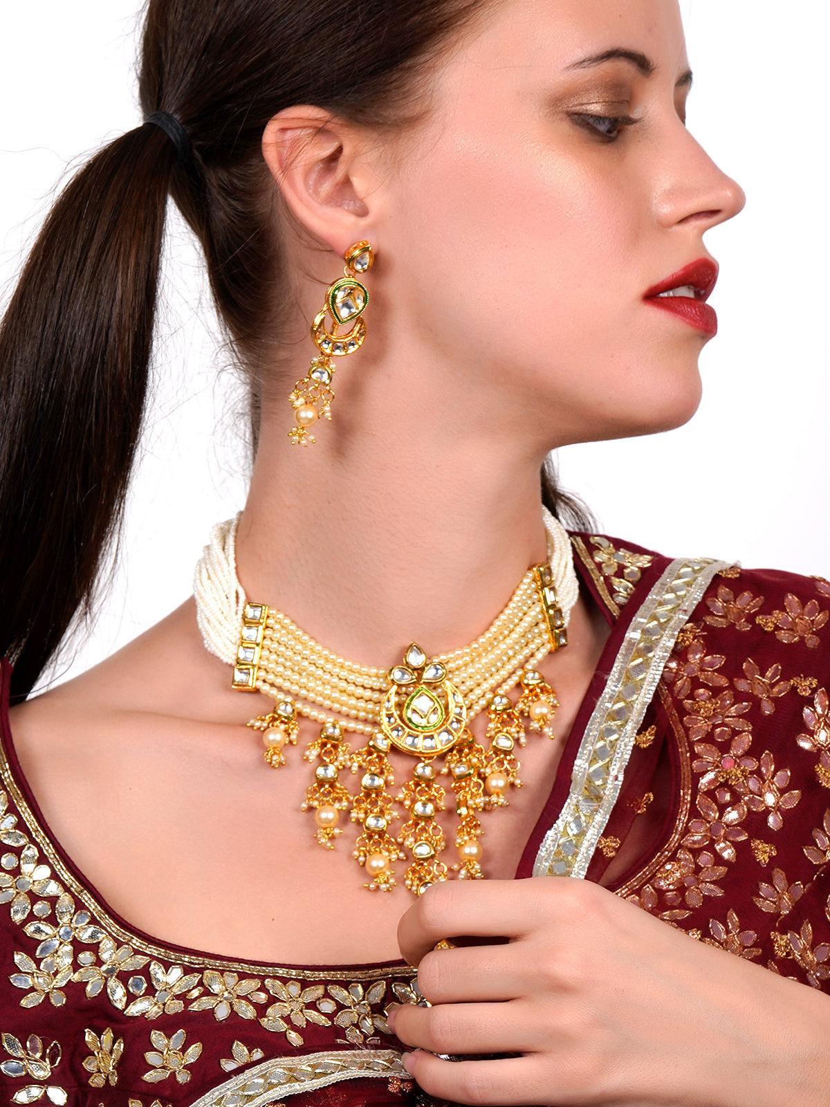 Women's Ponderous Pearl  Kundan Choker With Earrings! - Odette