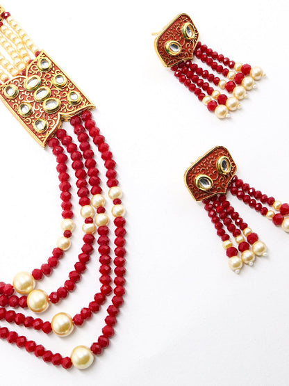 Women's Red And Typical Pearl Necklace With Earrings - Odette