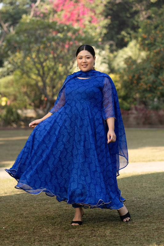 Women's Blue Anarkali Kurta With Pants And Dupatta Set - (3Pcs Set)