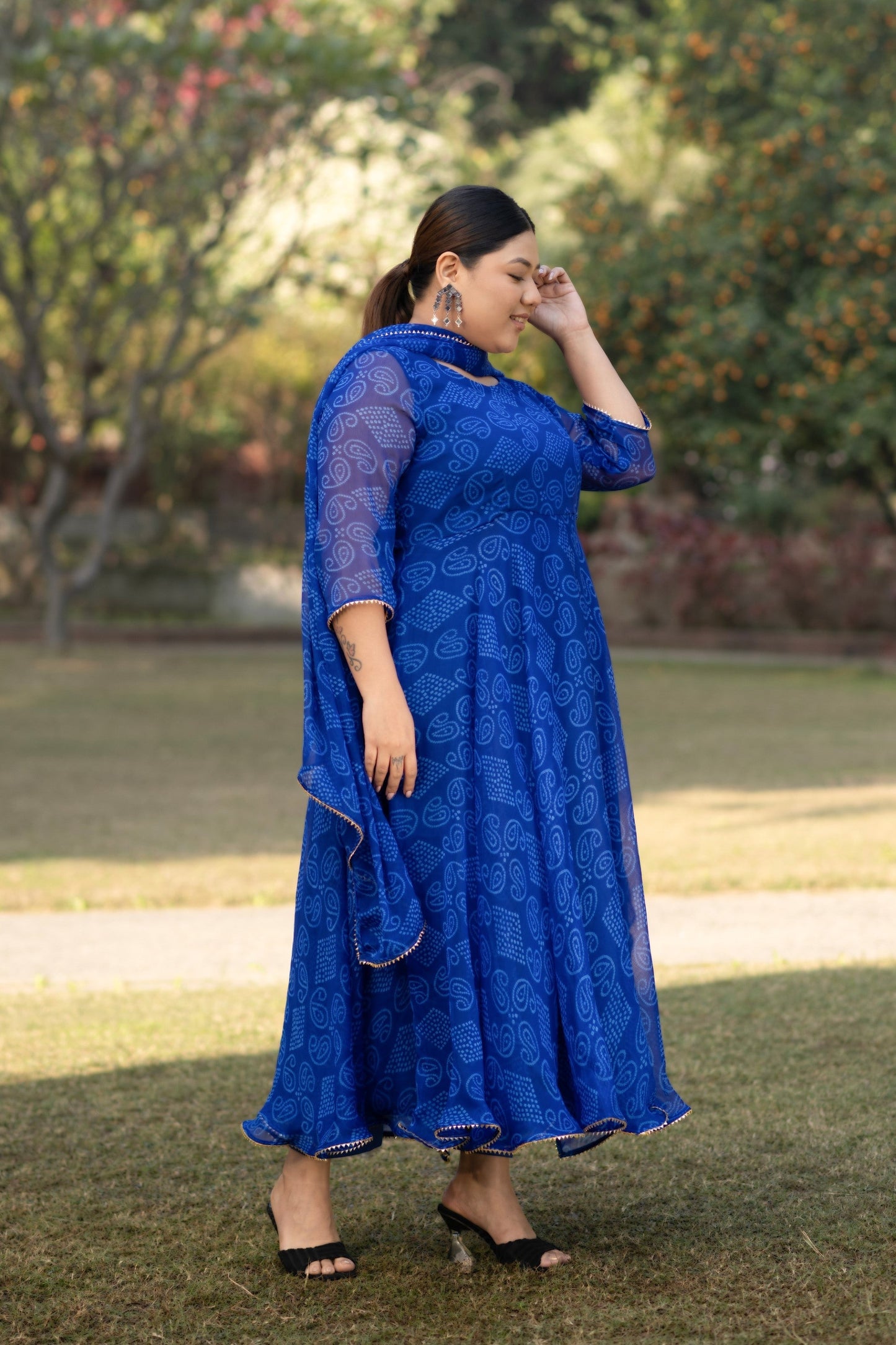 Women's Blue Anarkali Kurta With Pants And Dupatta Set - (3Pcs Set)