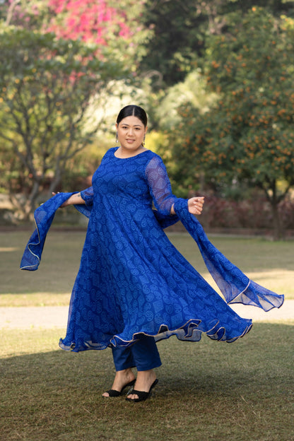 Women's Blue Anarkali Kurta With Pants And Dupatta Set - (3Pcs Set)