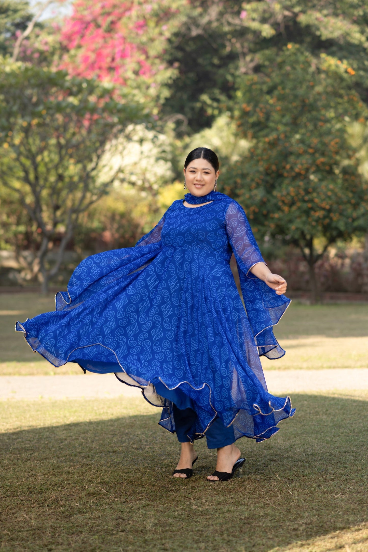 Women's Blue Anarkali Kurta With Pants And Dupatta Set - (3Pcs Set)