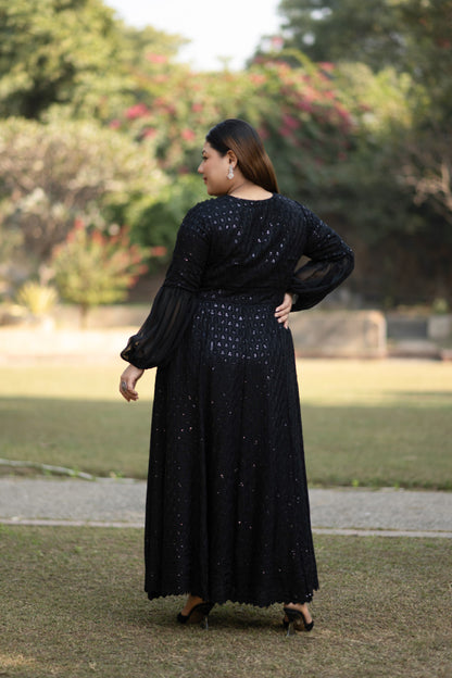 Women's Black Sequin & Chikankari Midi Dress  ( 1 Pc Set)