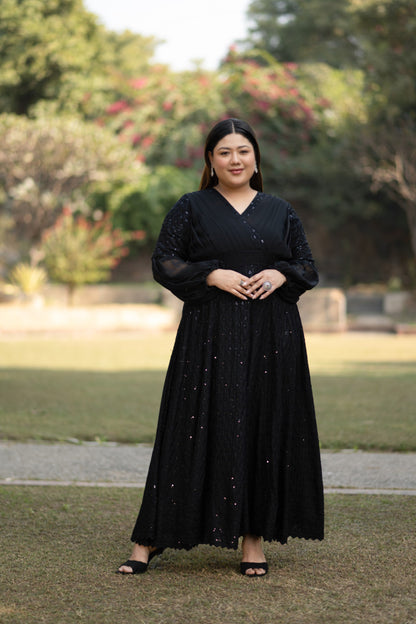 Women's Black Sequin & Chikankari Midi Dress  ( 1 Pc Set)