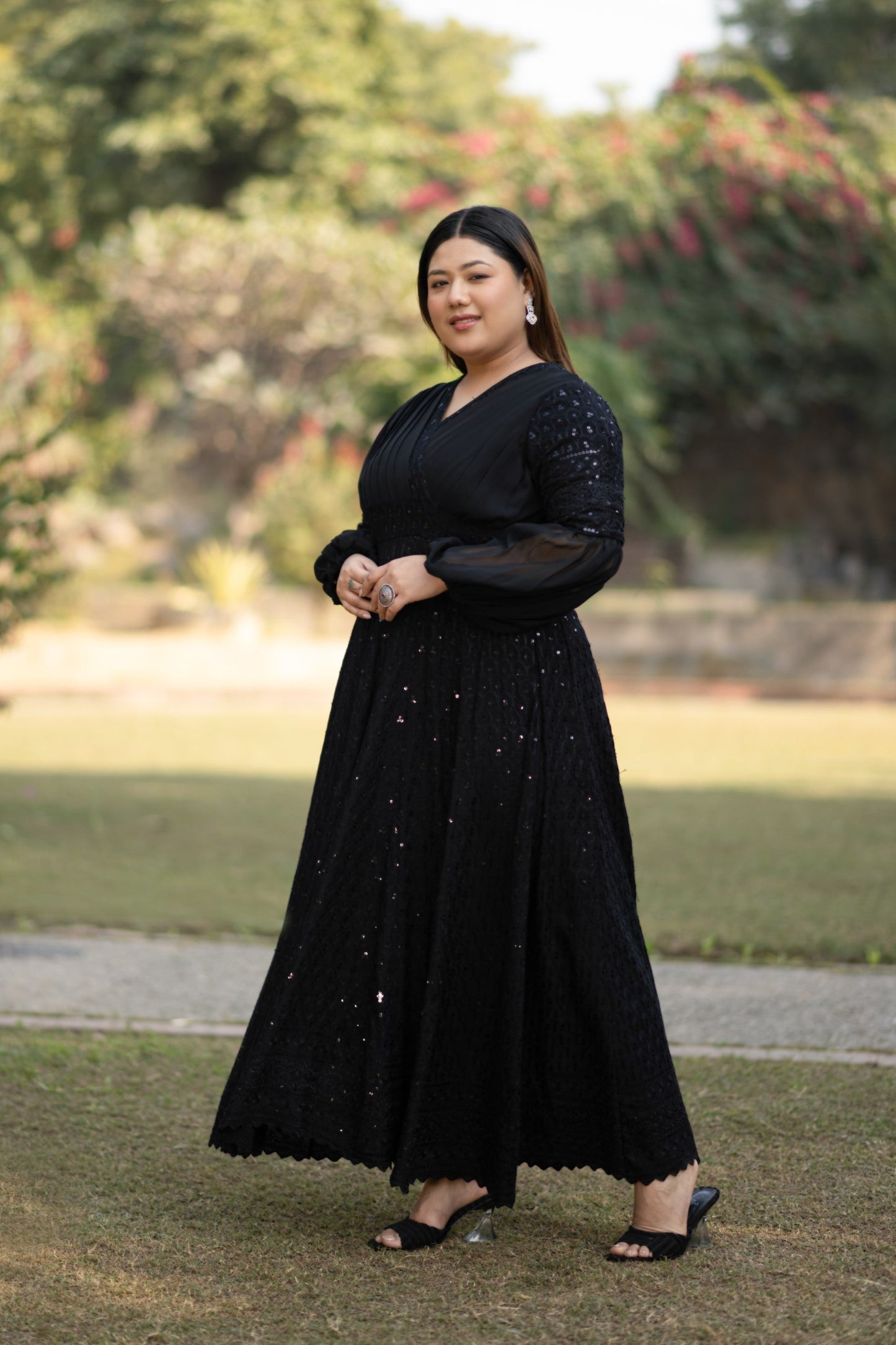 Women's Black Sequin & Chikankari Midi Dress  ( 1 Pc Set)