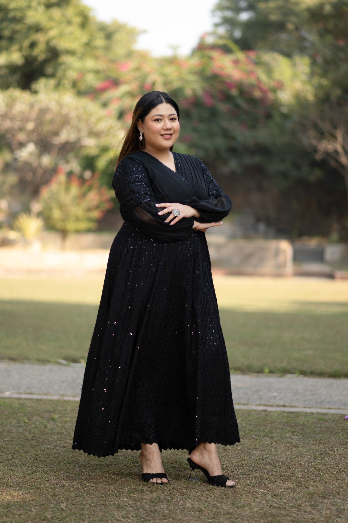 Women's Black Sequin & Chikankari Midi Dress  ( 1 Pc Set)