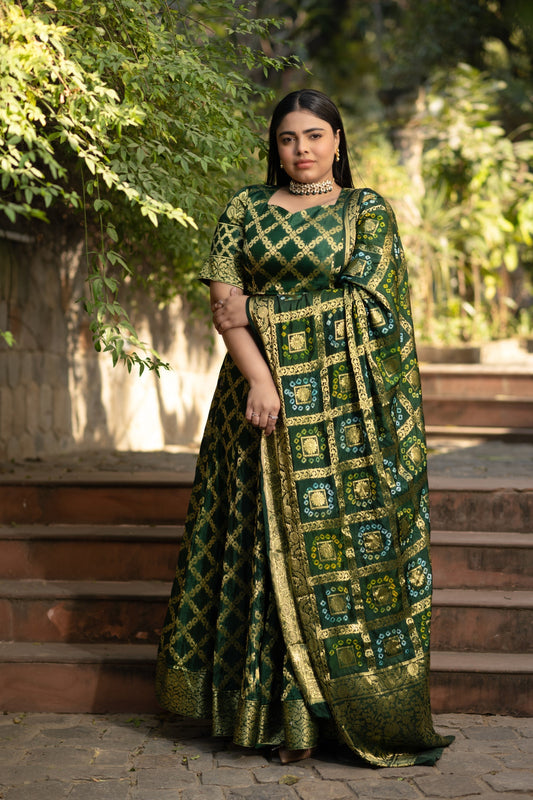 Women's Green Banarasi Lehenga Choli  - 3 Pcs Set