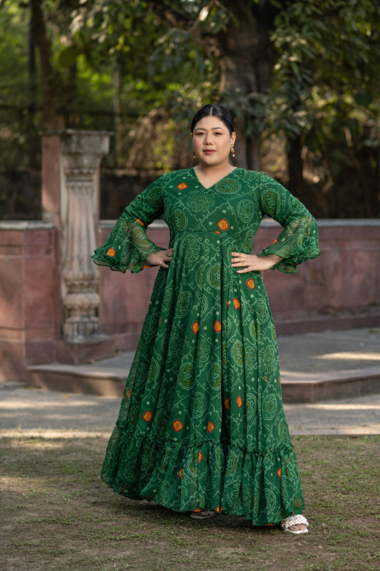 Women's Green Bandhani Print Gown  (1 Pc Set)