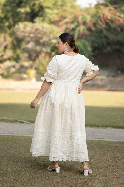 Women's White Sequin & Chikankari Maxi Dress  ( 1 Pc Set )