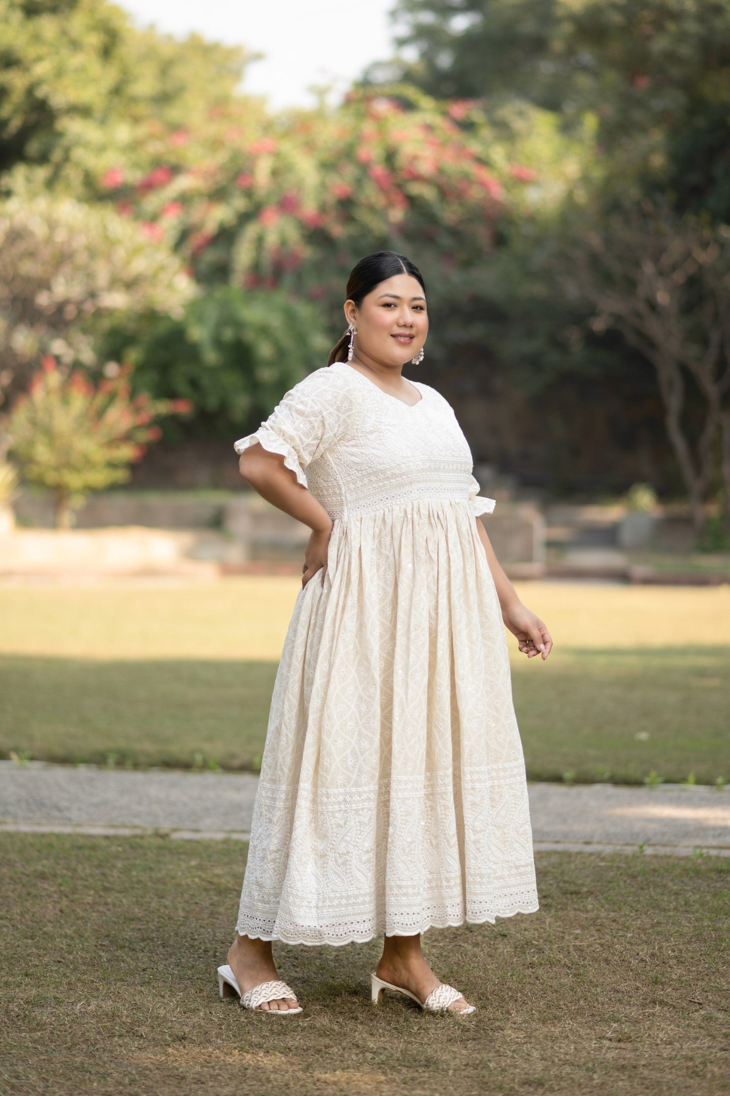 Women's White Sequin & Chikankari Maxi Dress  ( 1 Pc Set )