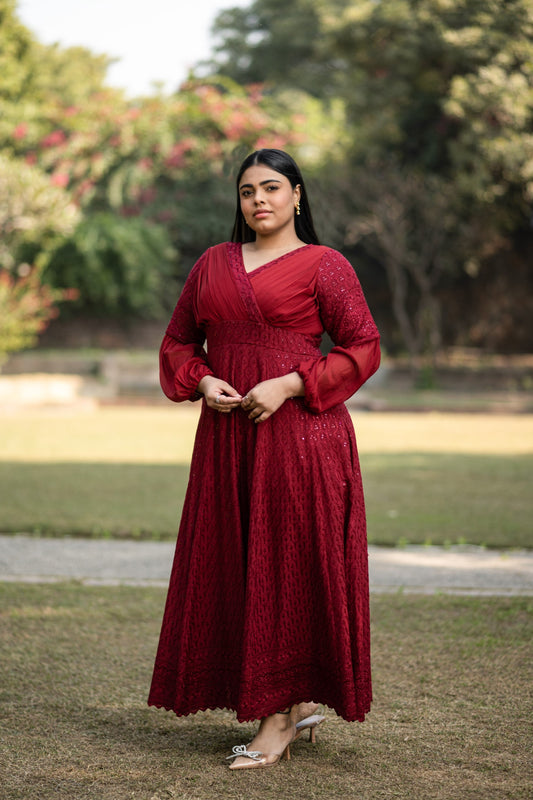 Women's Embroidered Red Gown - 1Pc