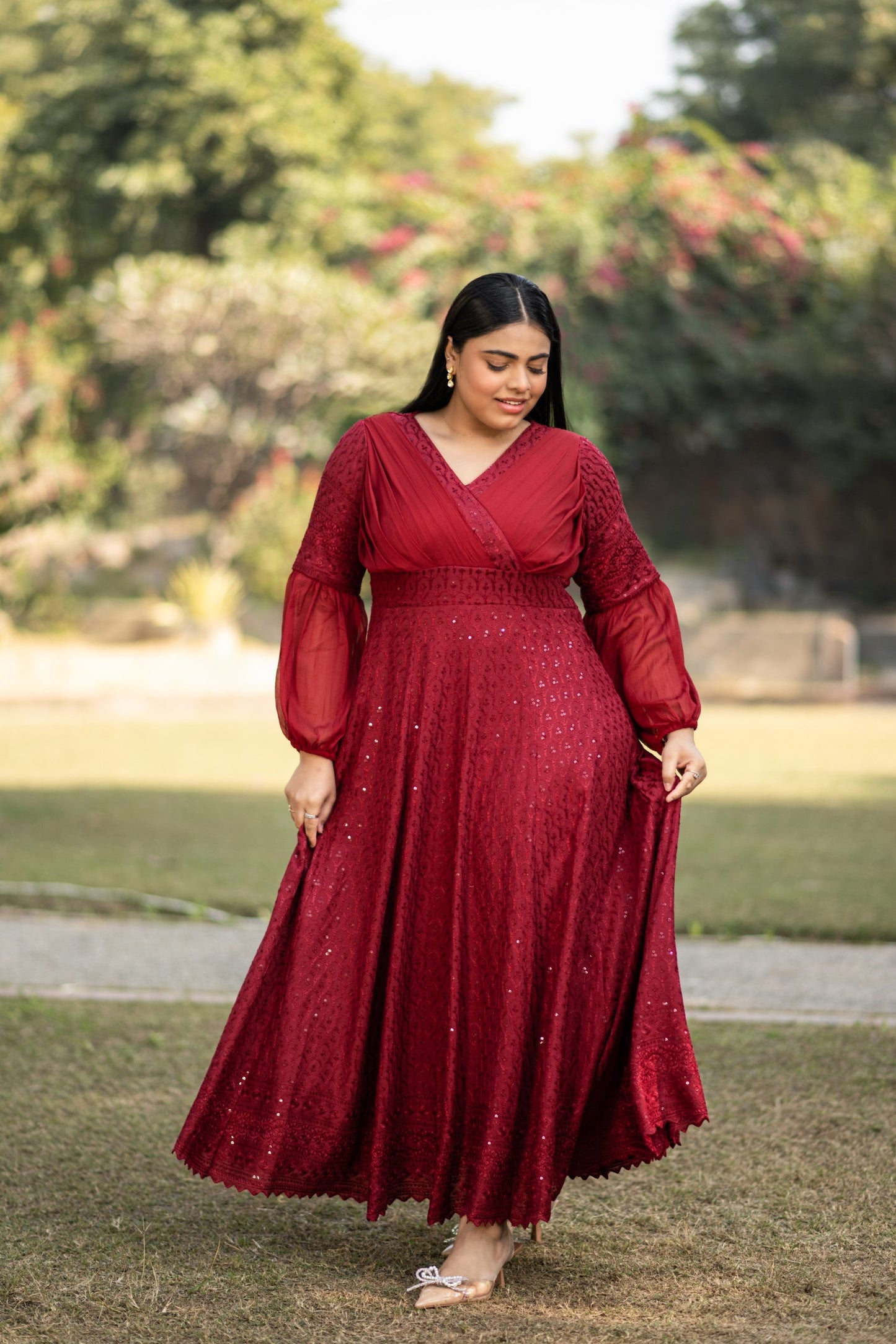 Women's Embroidered Red Gown - 1Pc