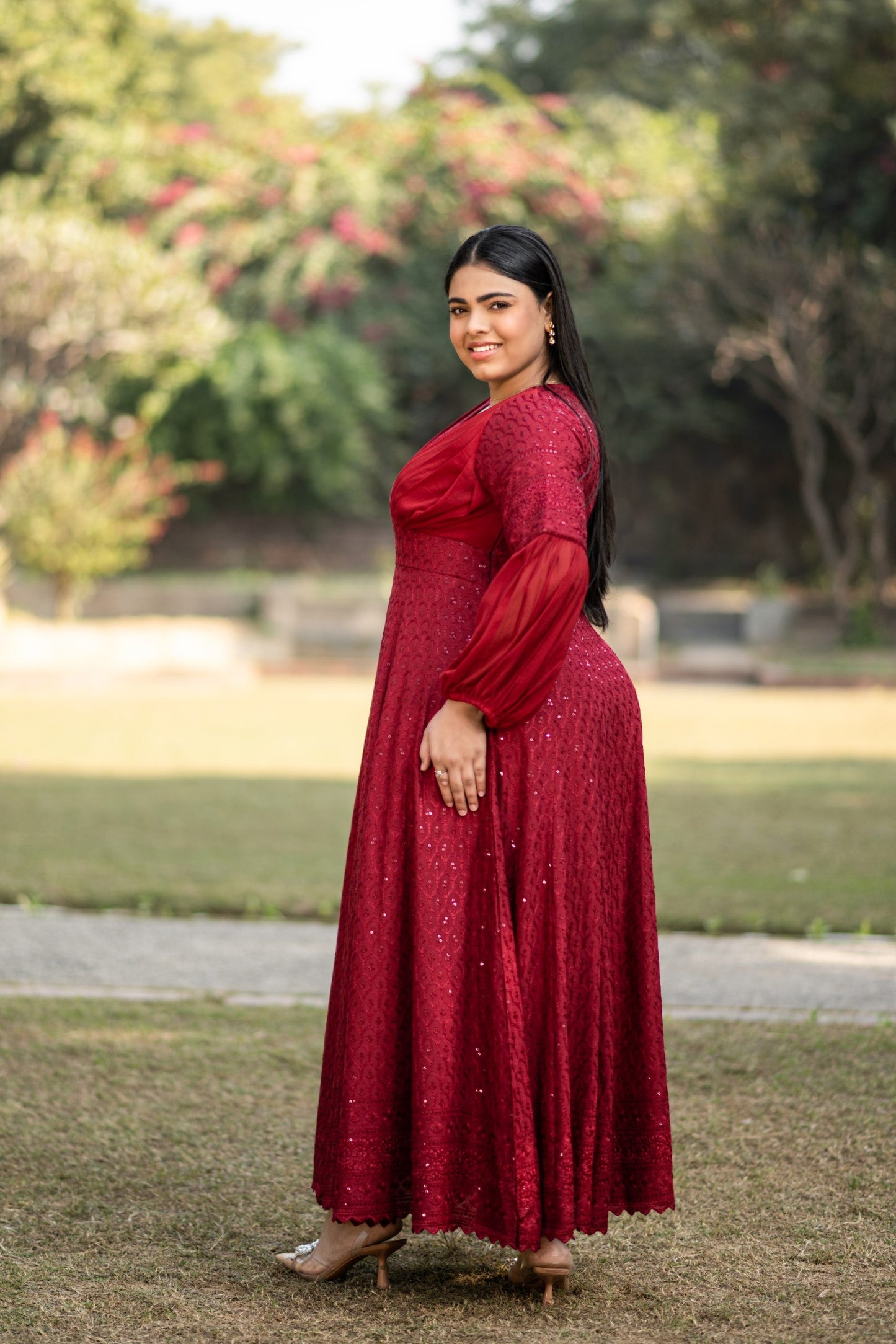 Women's Embroidered Red Gown - 1Pc