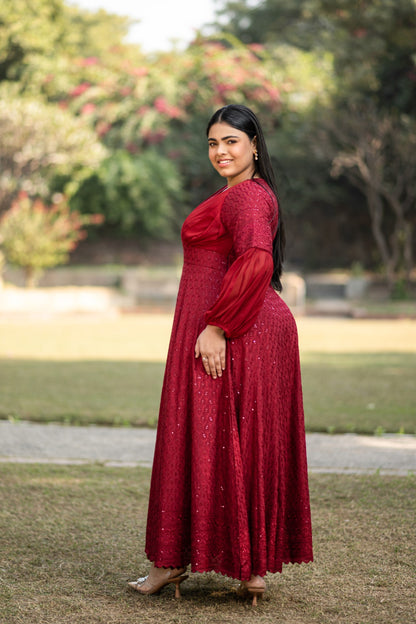 Women's Embroidered Red Gown - 1Pc