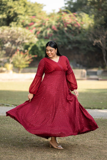 Women's Embroidered Red Gown - 1Pc