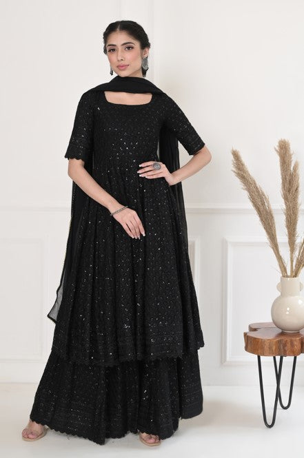 Women's Black Embroidered Dress With Dupatta