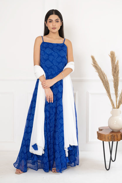 Women's Blue Bandhej Gown With Dupatta