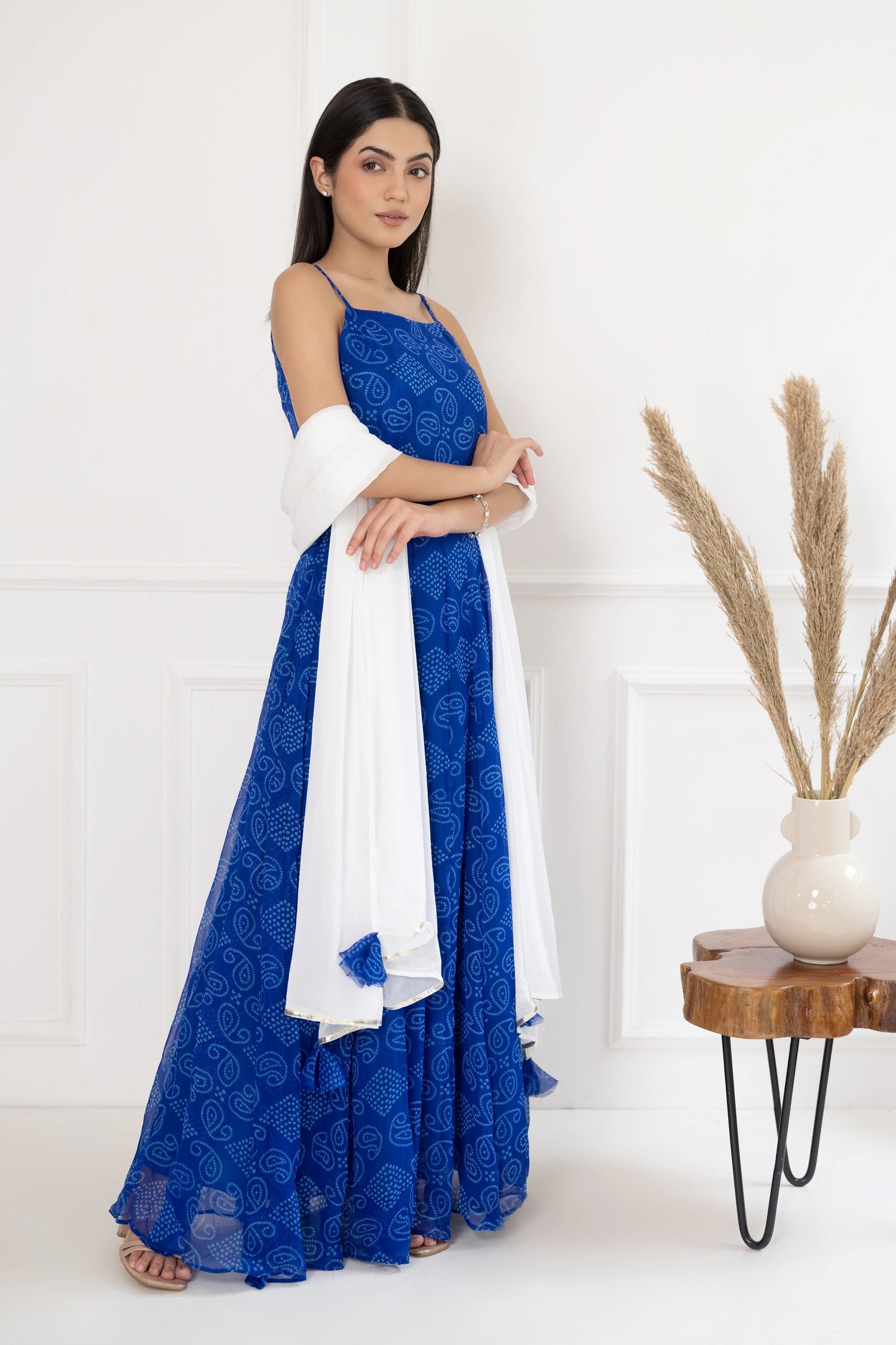 Women's Blue Bandhej Gown With Dupatta