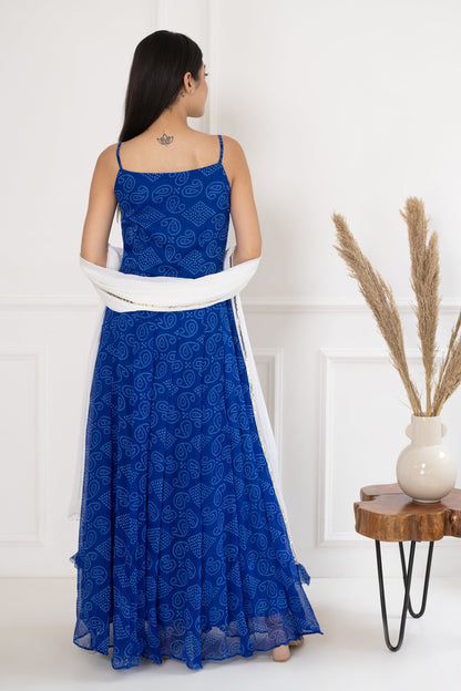 Women's Blue Bandhej Gown With Dupatta