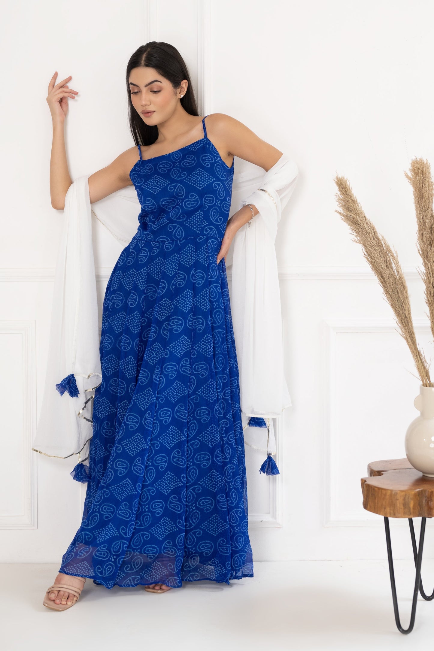 Women's Blue Bandhej Gown With Dupatta