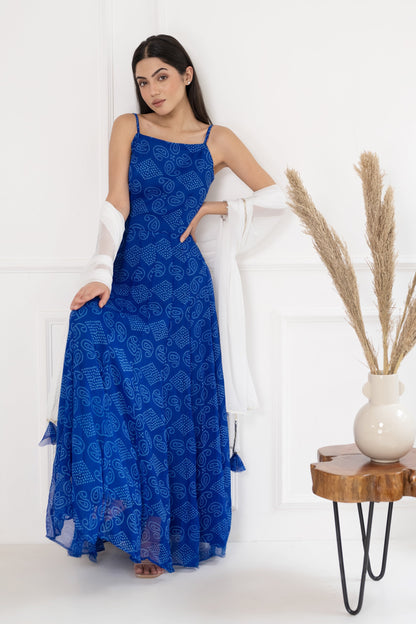 Women's Blue Bandhej Gown With Dupatta