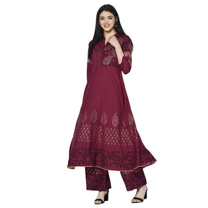 Women's Maroon Anarkali Kurta with Palazzo set by - (2pcs set)