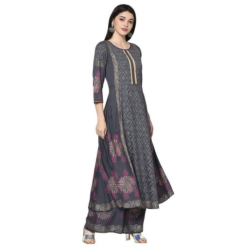 Women's Dark Grey Rayon Block print Anarkali Palazzo set