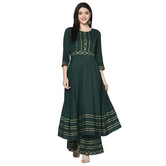 Women Bottle Green Rayon Anarkali Kurta with Palazzo by  (2pcs Set)