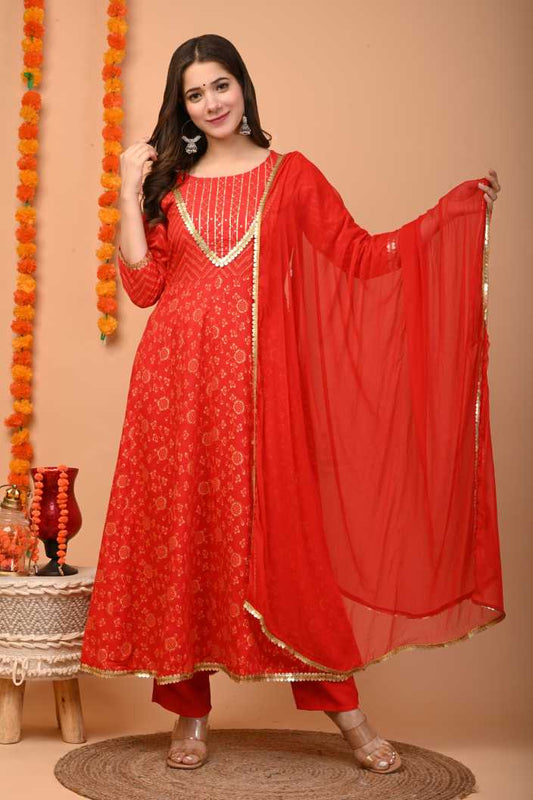 Women's Red Kurta And Palazzo Set Rayon