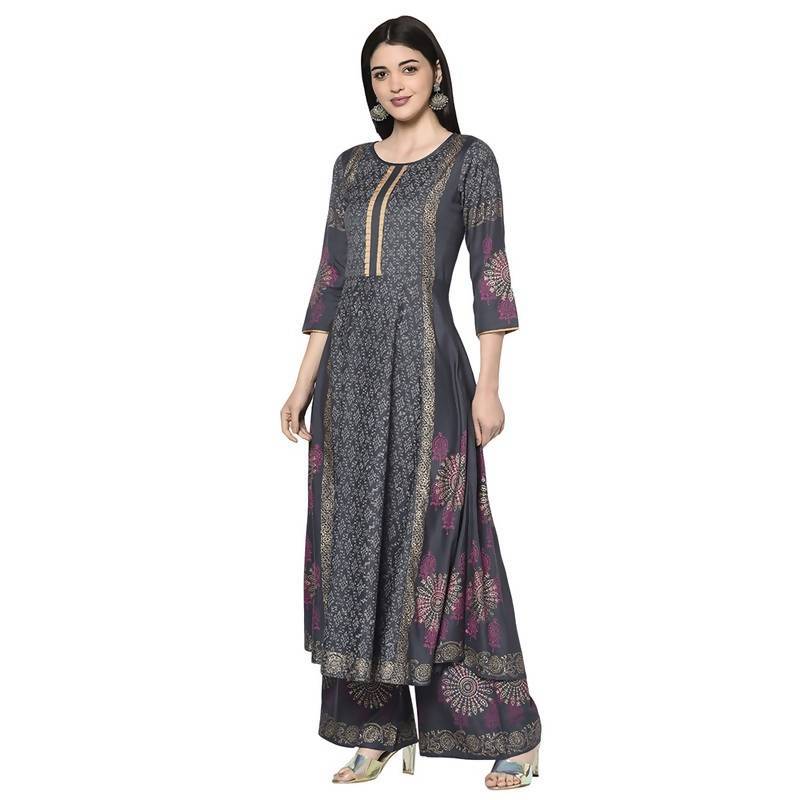 Women's Dark Grey Rayon Block print Anarkali Palazzo set